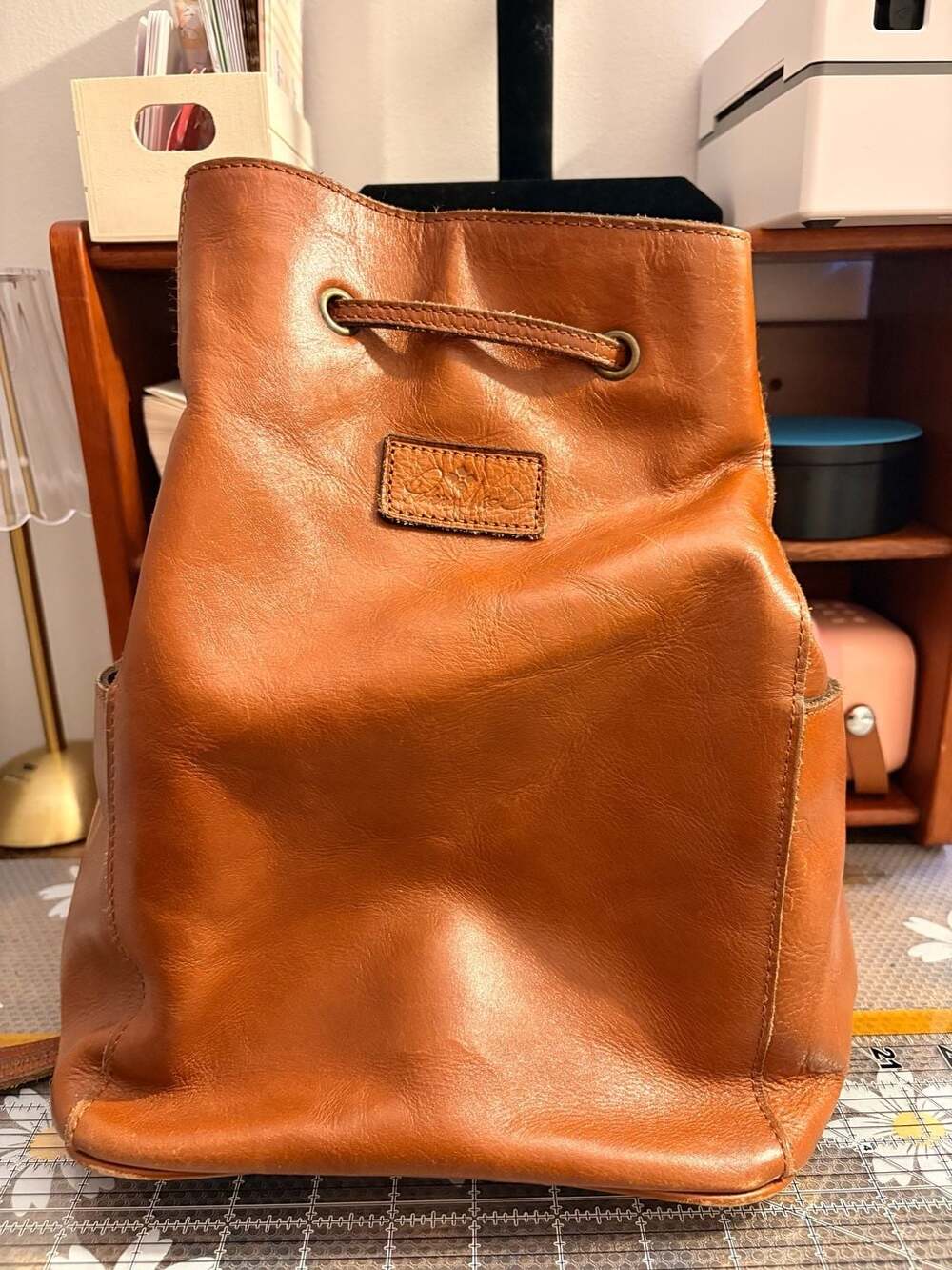 Patricia Nash Tan Leather Drawstring Bucket Backpack